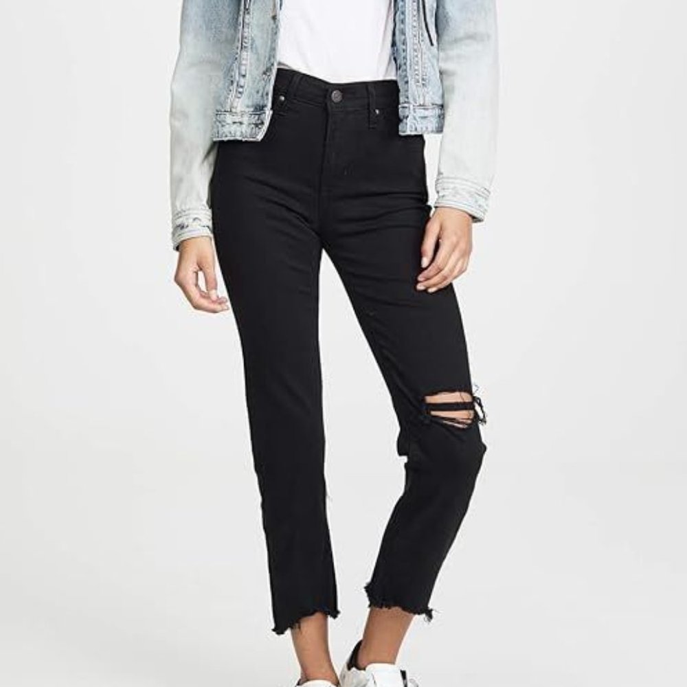Levi’s Premium Women’s 724 High Rise Straight Crop Black Denim Jeans Siz…
